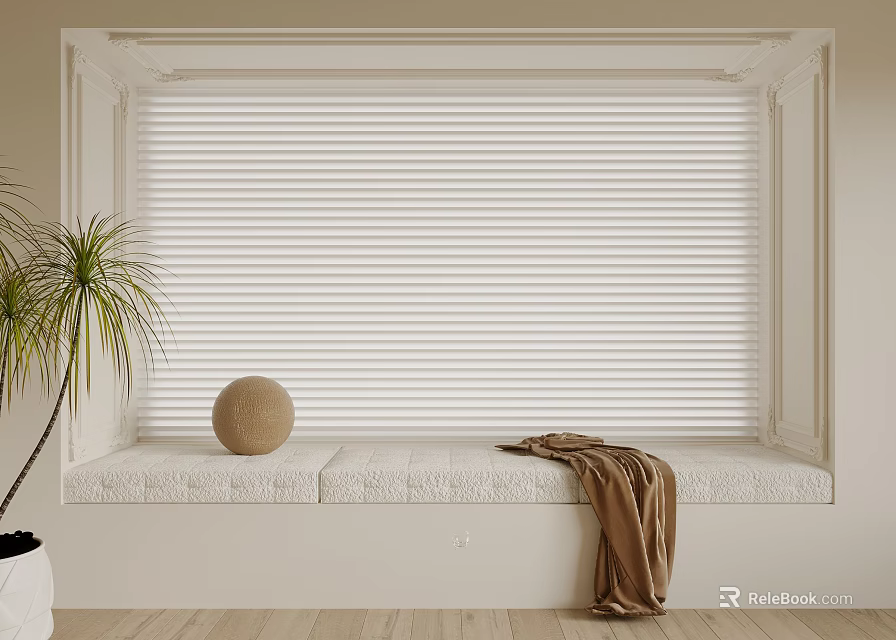 Minimalist Bay Window Seat With White Venetian Blinds Decorative Ball Brown Blanket And Potted Plant 3d model 
