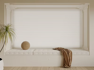 Minimalist Bay Window Seat With White Venetian Blinds Decorative Ball Brown Blanket And Potted Plant 3d model