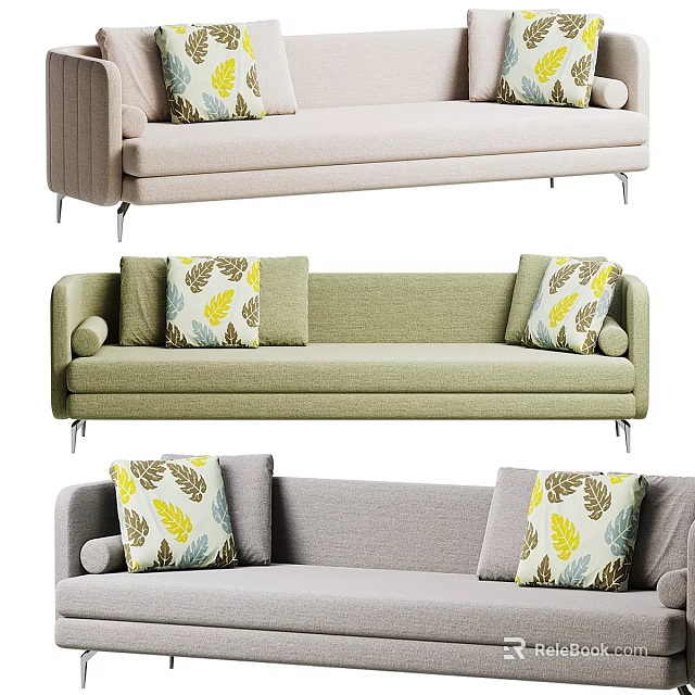Multi Seat Sectional Sofas in Beige Green Grey with Leaf Pattern Pillows and Metal Legs 3d model