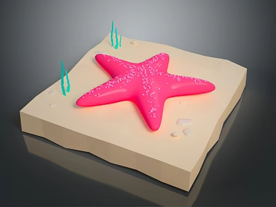 Pink Starfish Decoration On Beige Base With Green Grass Like Plants And White Pebbles 3d model