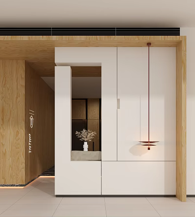 Modern Entryway Hallway Interior Design With Wooden Accent White Cabinetry And Hanging Lamp 3d model