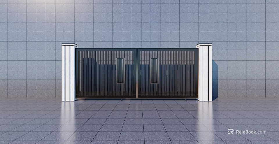 Modern Feature Wall With Black Metal Grille Gate White Pillars And Gray Wall 3d model 