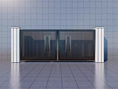 Modern Feature Wall With Black Metal Grille Gate White Pillars And Gray Wall 3d model