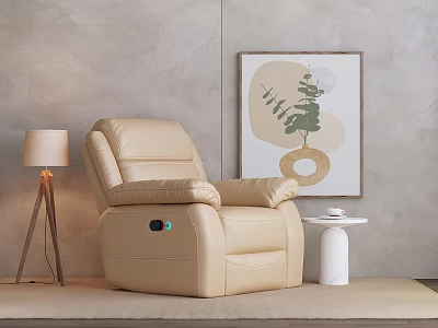 Beige Leather Single Recliner Sofa With Floor Lamp Small Table And Decorative Art 3d model