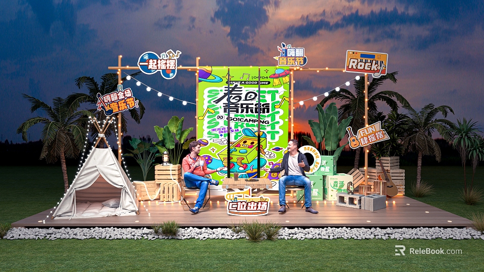 Spring Music Festival Outdoor Stage With Tent Green Plants String Lights And Wooden Seats 3d model 