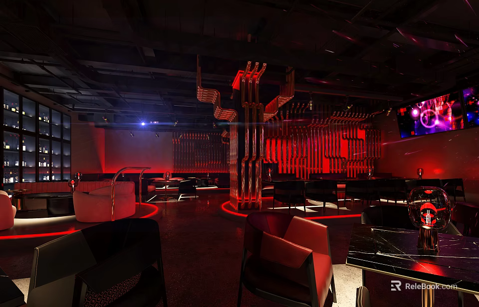 Modern Bar Interior Design With Red Ambient Lighting Leather Sofas And Metal Decorations 3d model 