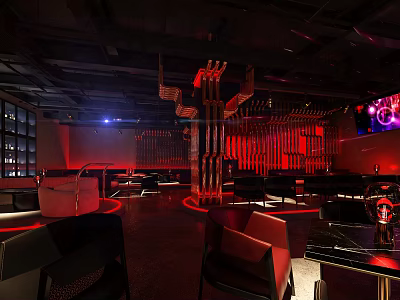 Modern Bar Interior Design With Red Ambient Lighting Leather Sofas And Metal Decorations 3d model