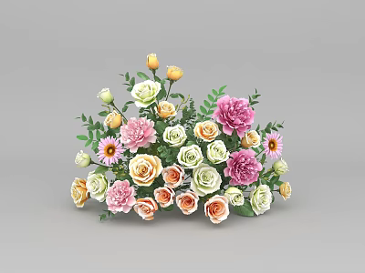 Floral Display With Mixed Pink Yellow White Roses Daisies And Green Foliage 3d model