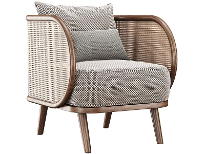 Modern Single Sofa With Rattan Armrests Wooden Legs And Neutral Upholstered Cushions 3d model