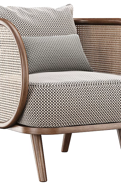 Modern Single Sofa With Rattan Armrests Wooden Legs And Neutral Upholstered Cushions 3d model