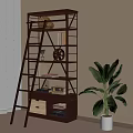 Metal Ladder Shelf With Decorative Items Books And Green Plant In Indoor Space