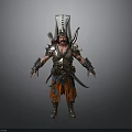 Man In Ancient Warrior Armor With Ornate Details Tall Headdress And Red Orange Pants