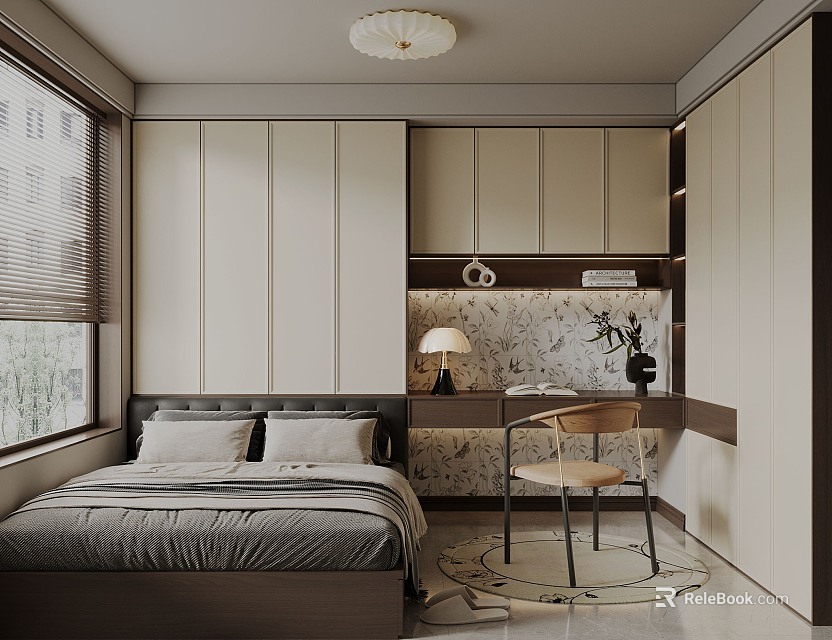 Modern Tatami Bedroom Interior Design With Bed Desk Chair Cabinets And Table Lamp 3d model 