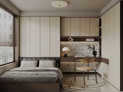 Modern Tatami Bedroom Interior Design With Bed Desk Chair Cabinets And Table Lamp 3d model