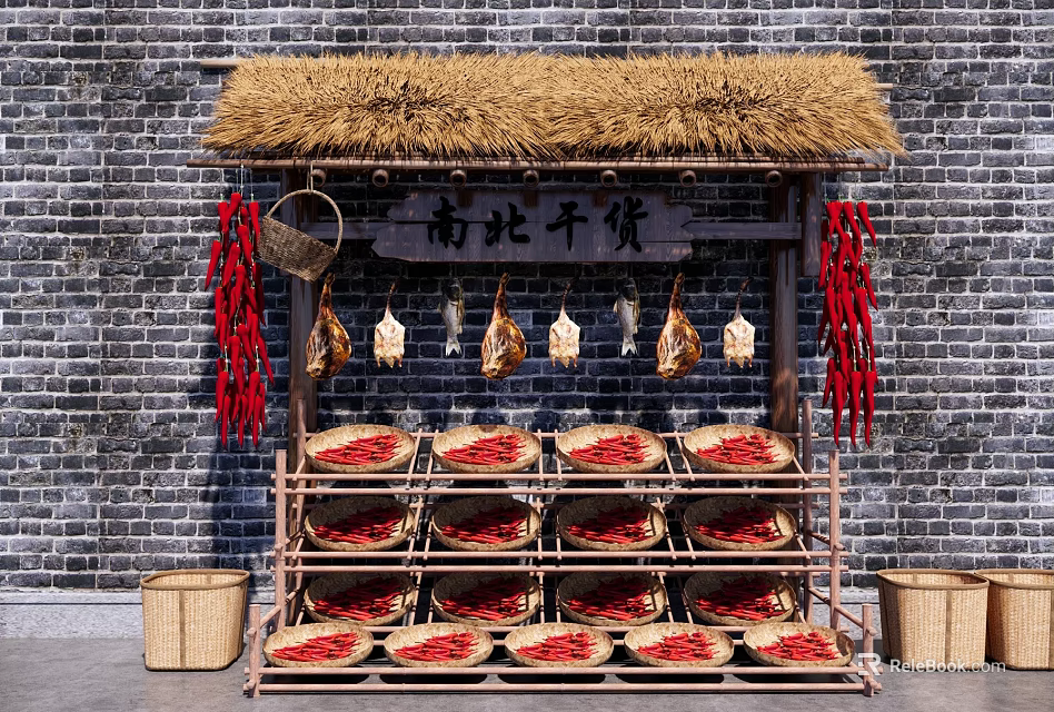 Traditional Dried Goods Stall With Thatched Roof Brick Wall Hanging Items And Bamboo Baskets 3d model 