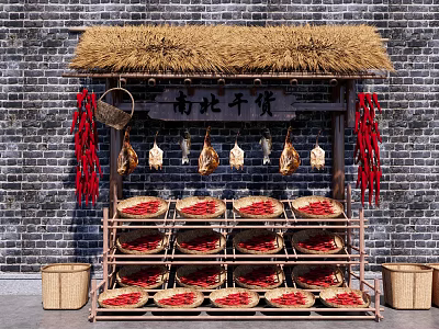 Traditional Dried Goods Stall With Thatched Roof Brick Wall Hanging Items And Bamboo Baskets 3d model