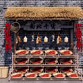Traditional Dried Goods Stall With Thatched Roof Brick Wall Hanging Items And Bamboo Baskets