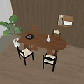 Modern Wooden Oval Table and Chair Set with Black Frame Chairs and Green Plant