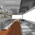 Modern Commercial Kitchen Featuring Long Stone Counter Glass Display Cabinets And Overhead Hood