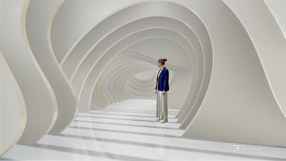 Modern Cultural Center Interior With Curved White Architectural Structures And Open Space 3d model 
