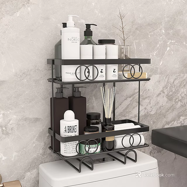 Modern Bathroom Accessories Multi Tier Black Metal Shelf Organizer with Toiletries and Towels 3d model 