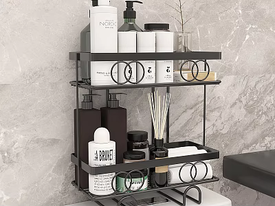 Modern Bathroom Accessories Multi Tier Black Metal Shelf Organizer with Toiletries and Towels 3d model