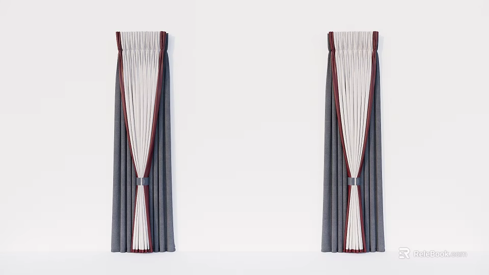 Elegant Pleated Curtains With Gray White Panels And Red Trim For Home Decor 3d model 