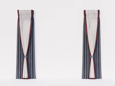 Elegant Pleated Curtains With Gray White Panels And Red Trim For Home Decor 3d model