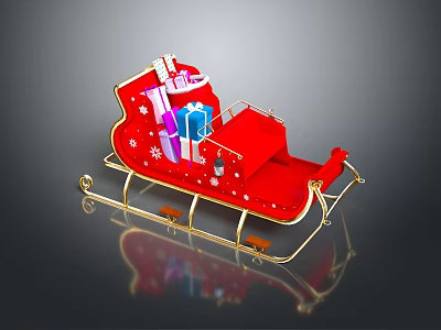 Red Santa Sleigh With Golden Frame Decorated With Colorful Gifts And Snowflake Patterns 3d model