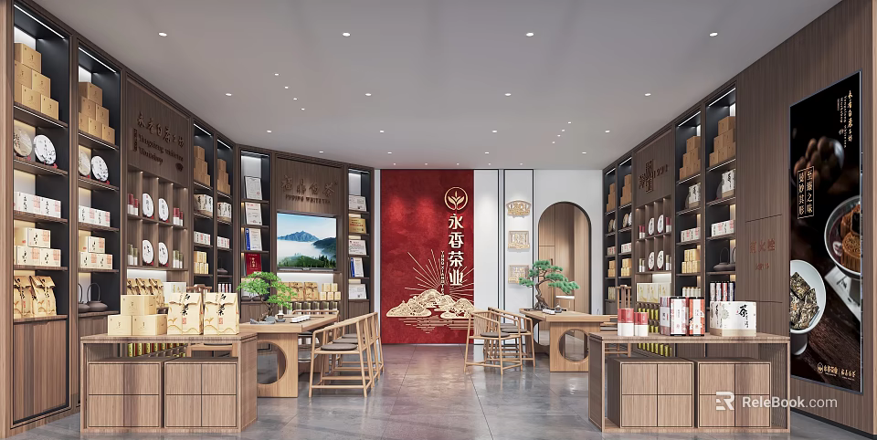 Su Tea Group Specialty Store With Wooden Shelves Tea Products And Seating Area 3d model 