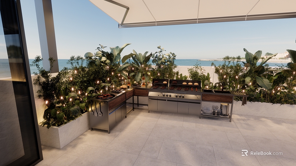 Outdoor Garden Featuring Lush Plants String Lights Grill Station Ocean View Tile Floor And Canopy 3d model 