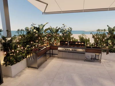 Outdoor Garden Featuring Lush Plants String Lights Grill Station Ocean View Tile Floor And Canopy 3d model