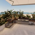 Outdoor Garden Featuring Lush Plants String Lights Grill Station Ocean View Tile Floor And Canopy
