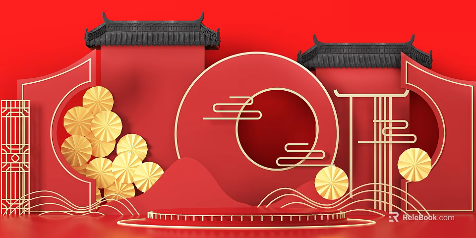 Traditional Chinese Cultural Elements with Red Background Golden Decorations and Architecture 3d model 