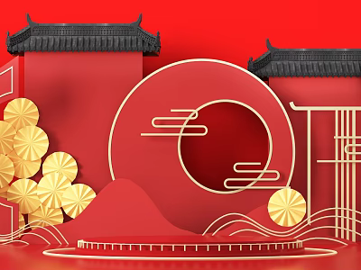Traditional Chinese Cultural Elements with Red Background Golden Decorations and Architecture 3d model