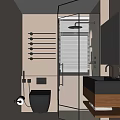 Modern Bathroom Interior With Black Toilet Glass Shower Wooden Sink And Wall Mounted Towel Rack