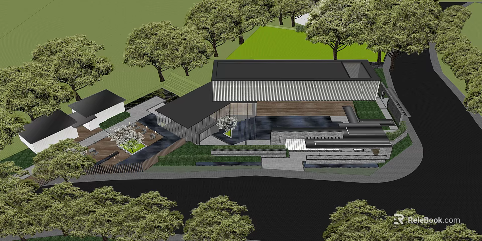 Modern Sales Office Building With Flat Roof Glass Facade And Green Lawn Surrounded By Trees 3d model 