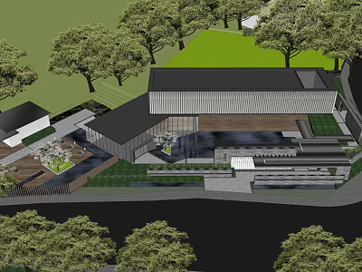 Modern Sales Office Building With Flat Roof Glass Facade And Green Lawn Surrounded By Trees 3d model