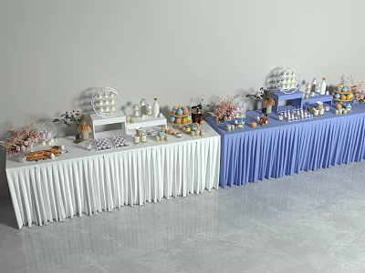 Elegant Check in Table Setup With White Blue Tablecloths Desserts And Decorations 3d model