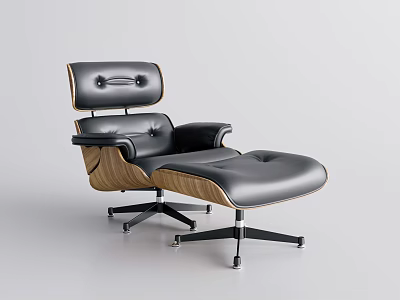 Comfortable Modern Black Leather Office Chair With Wooden Armrests Ottoman And Casters 3d model