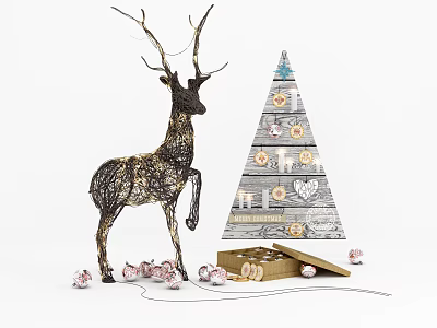 Wire Deer Wooden Christmas Tree Ornament Decoration Set With Decorative Lights Pink Baubles Gold Box 3d model