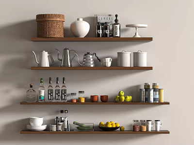Wooden Shelves Display With Decorative Vase Kitchen Supplies Fruits And Jars 3d model