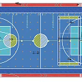 Indoor Basketball Gym With Blue Floor Multiple Hoops And Players Practicing