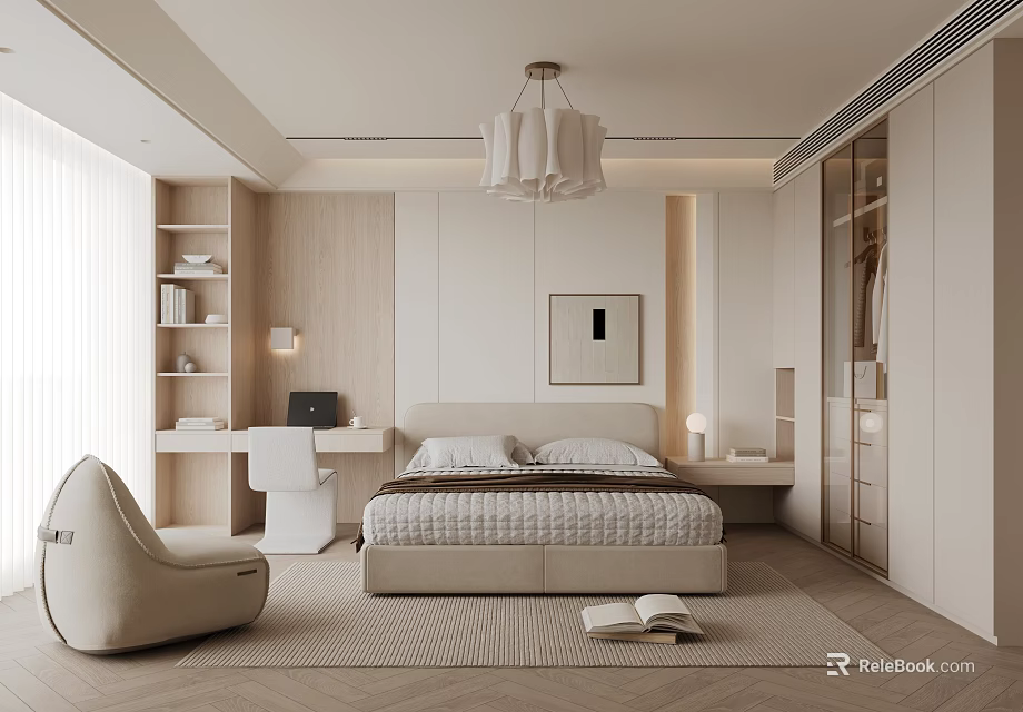 Modern Bedroom Interior With Beige Bed Platform And Study Desk Setup 3d model 