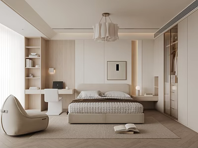 Modern Bedroom Interior With Beige Bed Platform And Study Desk Setup 3d model