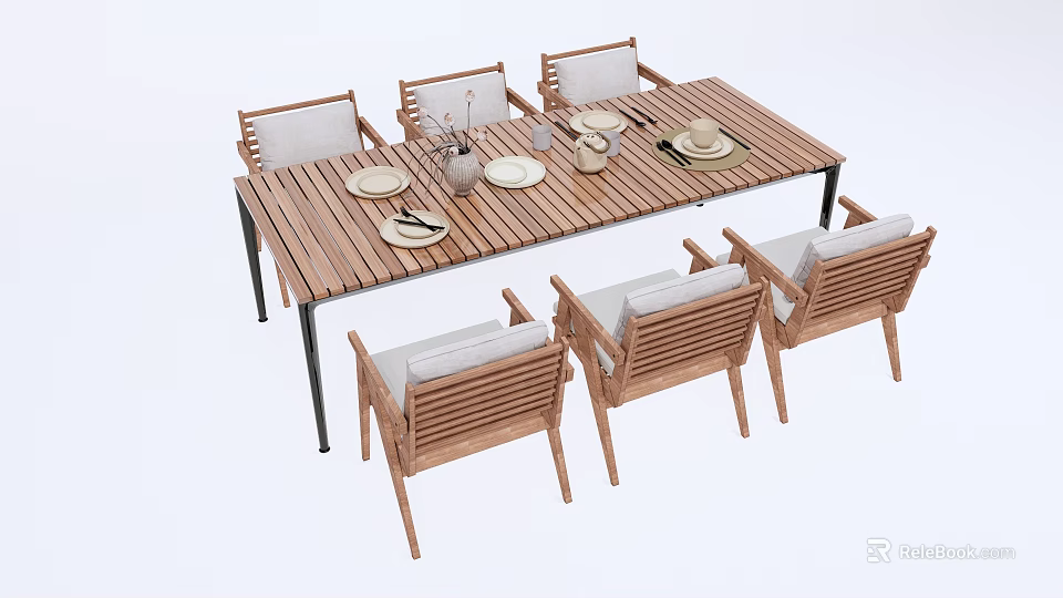 Modern Wooden Dining Table and Chairs Set With Upholstered Seats and Tableware 3d model 
