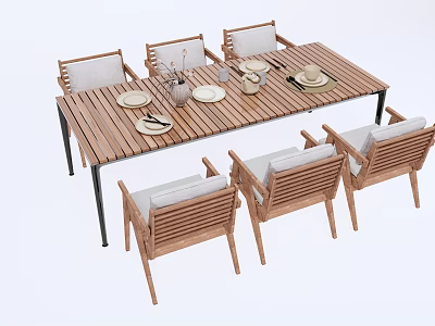 Modern Wooden Dining Table and Chairs Set With Upholstered Seats and Tableware 3d model