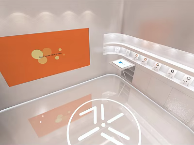 Bright Modern Exhibition Space With Orange Display Panel White Geometric Floor And Recessed Lights 3d model