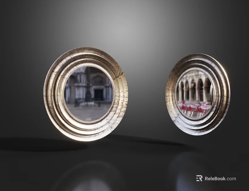 Two Circular Mirrors With Golden Frames And Building Reflections On Dark Background 3d model 
