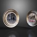 Two Circular Mirrors With Golden Frames And Building Reflections On Dark Background 3d model